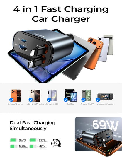 LISEN Retractable Car Charger, for Valentines Day Gifts for Him Her, 69W Cars Adapter USB C Fast Charger for iPhone 17 16 14, Car Accessories Gadgets for Men, Anniversary Birthday Gifts for Men Women