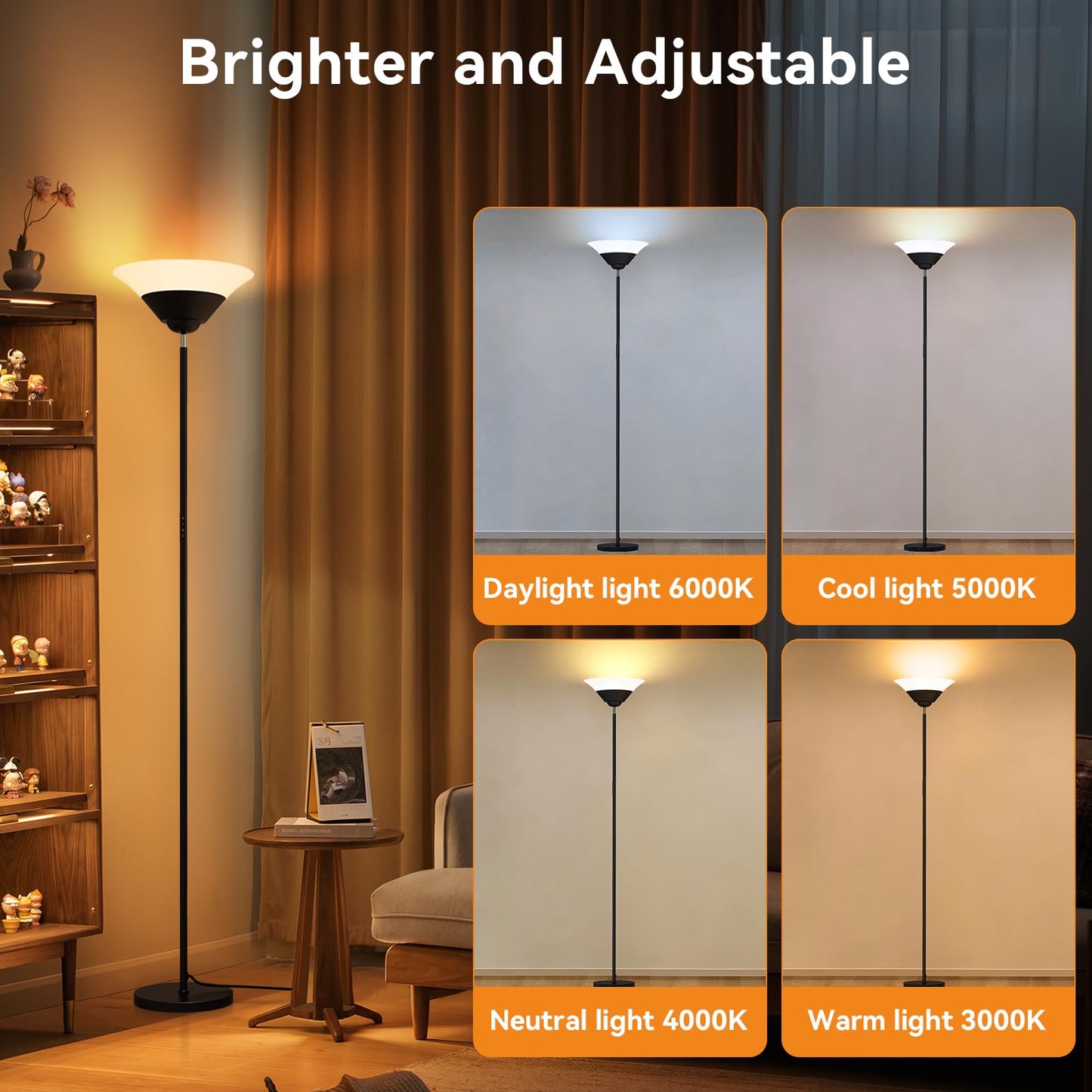 SIBRILLE Torchiere Floor Lamp, 72 Inch 30W LED Standing Lamp, 1800LM, Stepless Dimmable, 3000K-6500K, Remote and Button Control, Modern Pole Light for Living Room Bedroom Office, Black