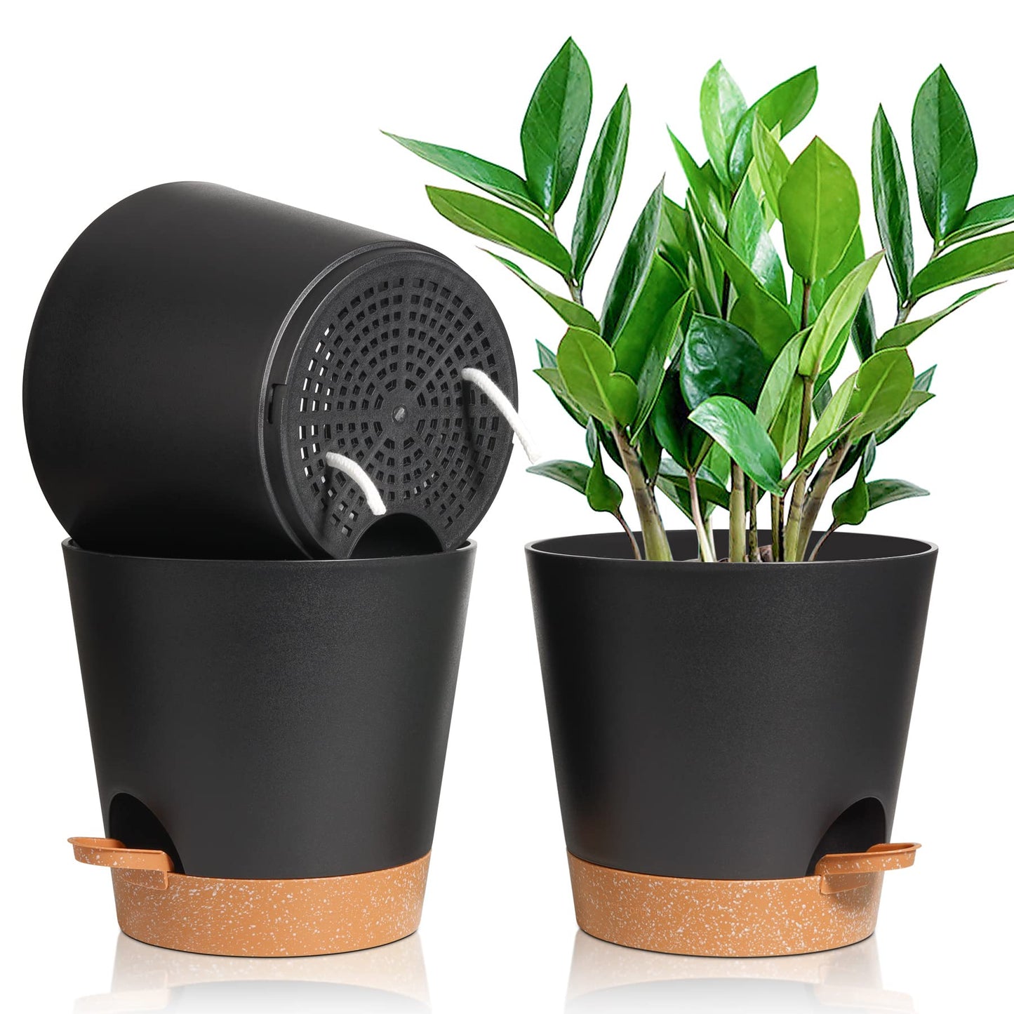 T4U 20 cm Plastic Flower Pot with Watering System, Set of 3 Self-Watering Flower Pot with Saucer, Herb Pot for Indoor and Balcony Garden Plants Succulents Cactus Flower Pot Black