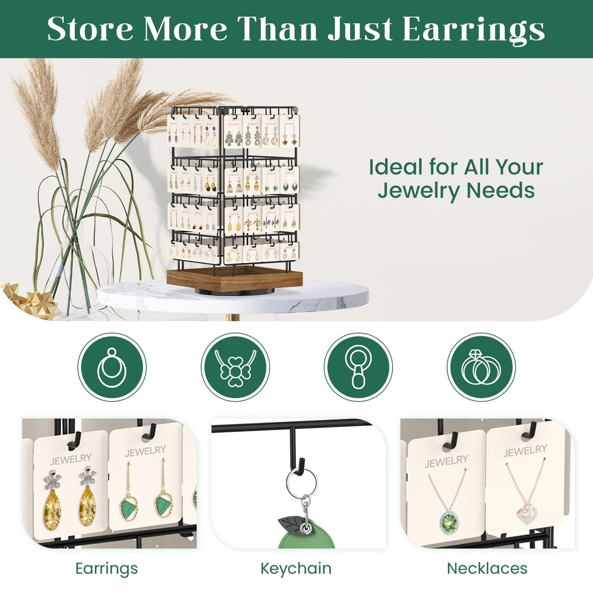 EsLuker.ly Rotating Earring Display Holder Stand for Vendors Events Selling, Large Capacity 64 Hooks Jewelry Rack with Wooden Base for Earring Card Sales, Enhances Retail Display Visibility