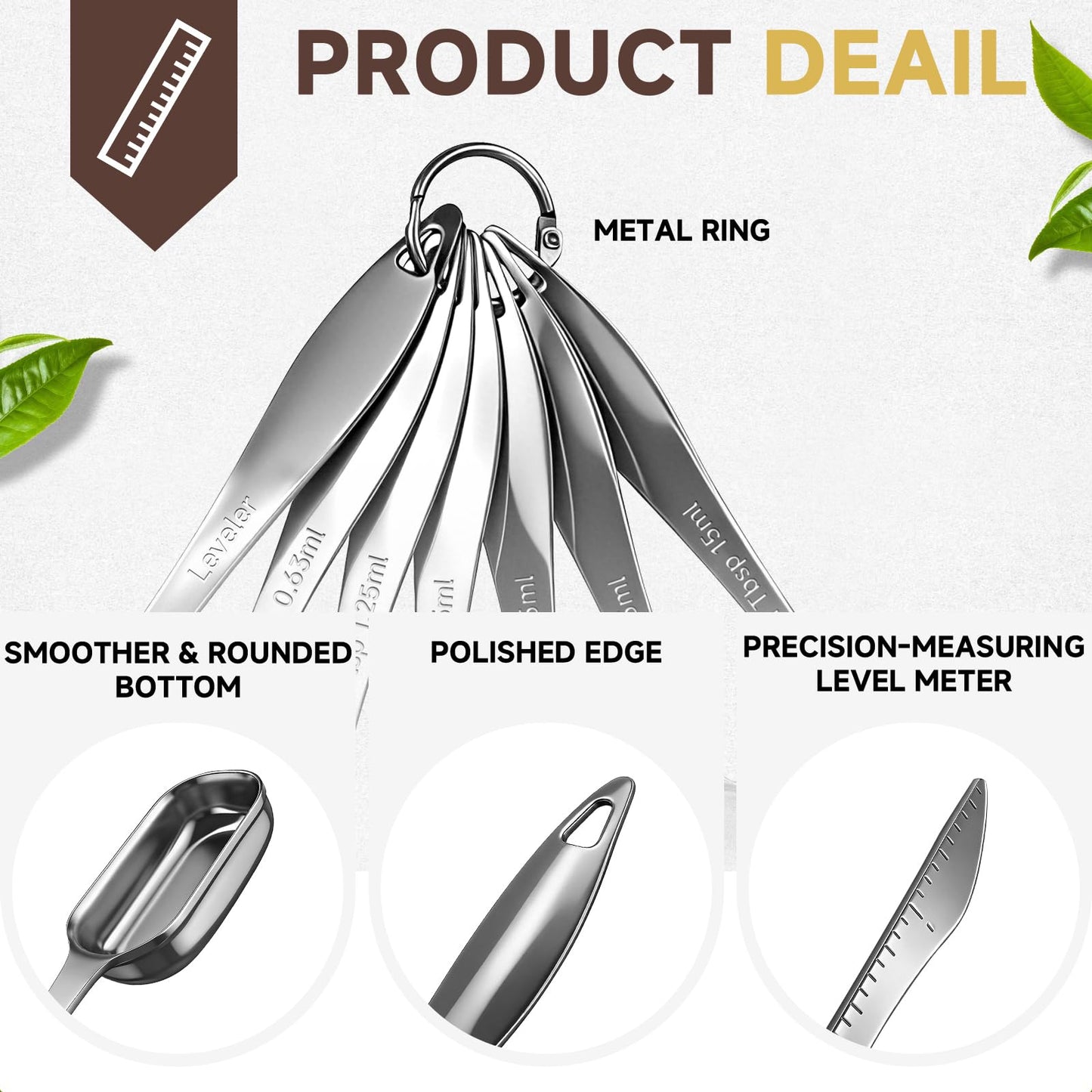 Set of 7 Metal Measuring Spoons, 18/8 Stainless Steel, Long Handle Teaspoon, Tablespoon, Narrow Measuring Spoon with Leveler for Spices, Protein Powder and Coffee, Kitchen Utensils for Cooking