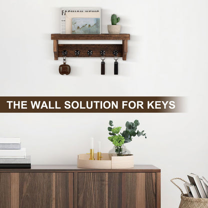 Lucundm Key and Mail Holder Wall Mount, Key Holder with Shelf and Mail Organizer Wall Mount. Mail Holder with 5 Hooks for Coat, Dog Leash, Home Decor Rack, Entry Way Organizer (Brown)