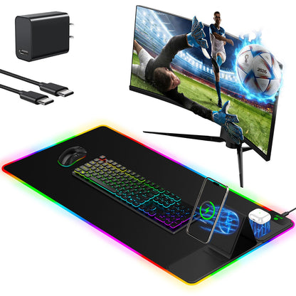 Mouse Pad with Foldable Phone Holder & Wireless Charger, XXL RGB Gaming Mousepad 31.5"x15.8" Large Desk Mat for Keyboard, Black Desk Pad with Dual Qi Charging Station | 11 Colors 5 Modes | Waterproof