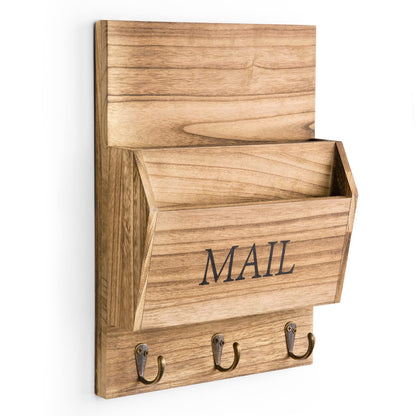 DLQuarts Mail Organizer with Key Holder for Wall Decorative Mail Sorter Wall Mounted, Wooden Mail Holder with 3 Hooks, Carbonized Brown