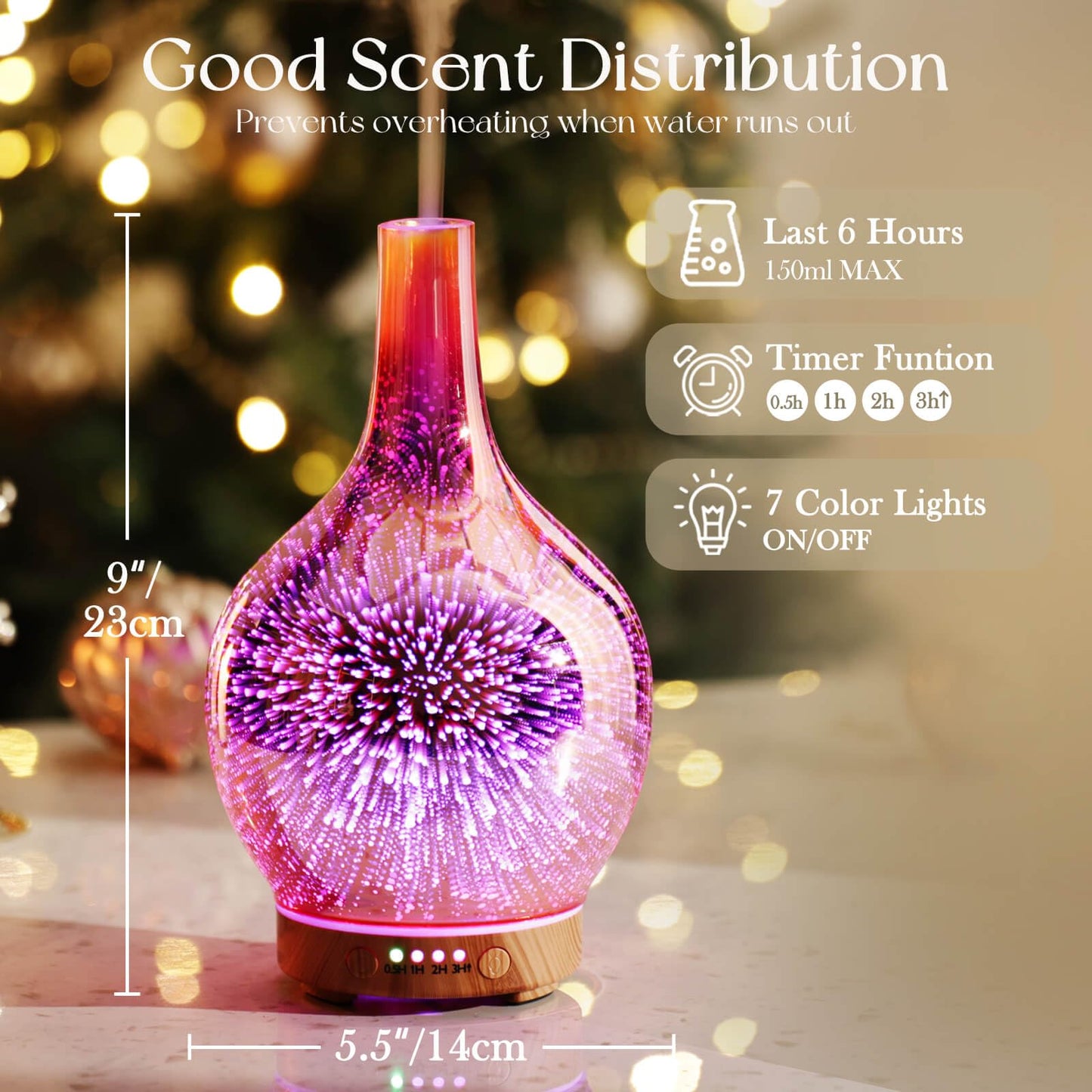 Porseme Rose Gold Essential Oil Diffuser 3D Glass Aromatherapy Ultrasonic Humidifier, Waterless Auto-Off, Timer Setting, BPA Free, Air Refresh for Home Hotel Yoga Leisure SPA Gift 150ml