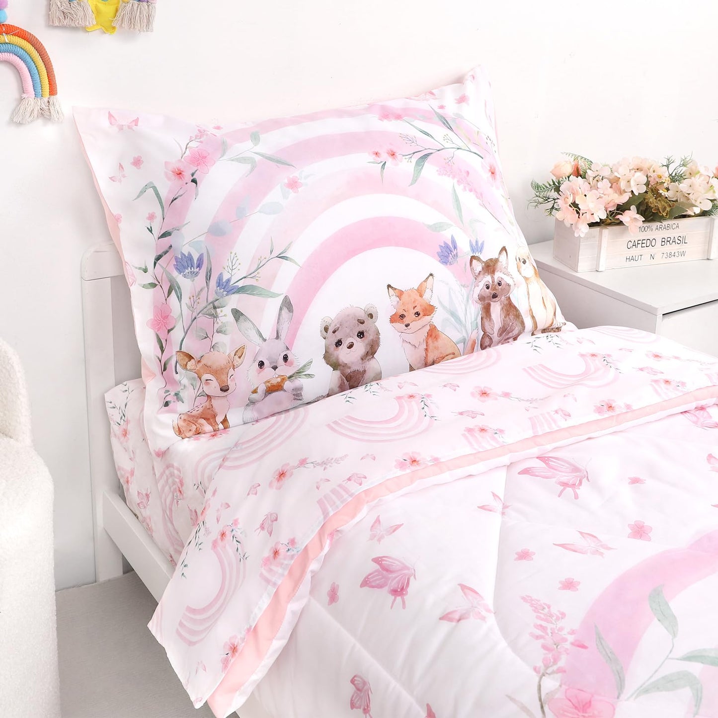 Hooyax Toddler Bedding Set for Girls - 4 Piece Rainbow Toddler Comforter Set Includes Fitted Sheet, Comforter, Pillowcase & Flat Sheet - Soft Comfort Microfiber for All Seasons