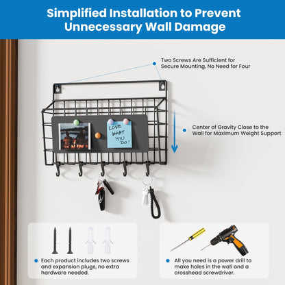 Baeymonkay Easy Assembly and Installation Iron Key Holder Wall Mount, Mail Organizer for Wall, Matte Black Finish, Extra Large Storage Space for Mail, Mail Holder Features 5 Hooks, Key Rack Hanger