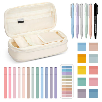 Jutom 39 Pcs Aesthetic Book Annotation Kit Highlighter with Pencil Case Bag Gel Pen Transparent Sticky Note Taking Bible Study College School Supplies(Cream,Cute Style)