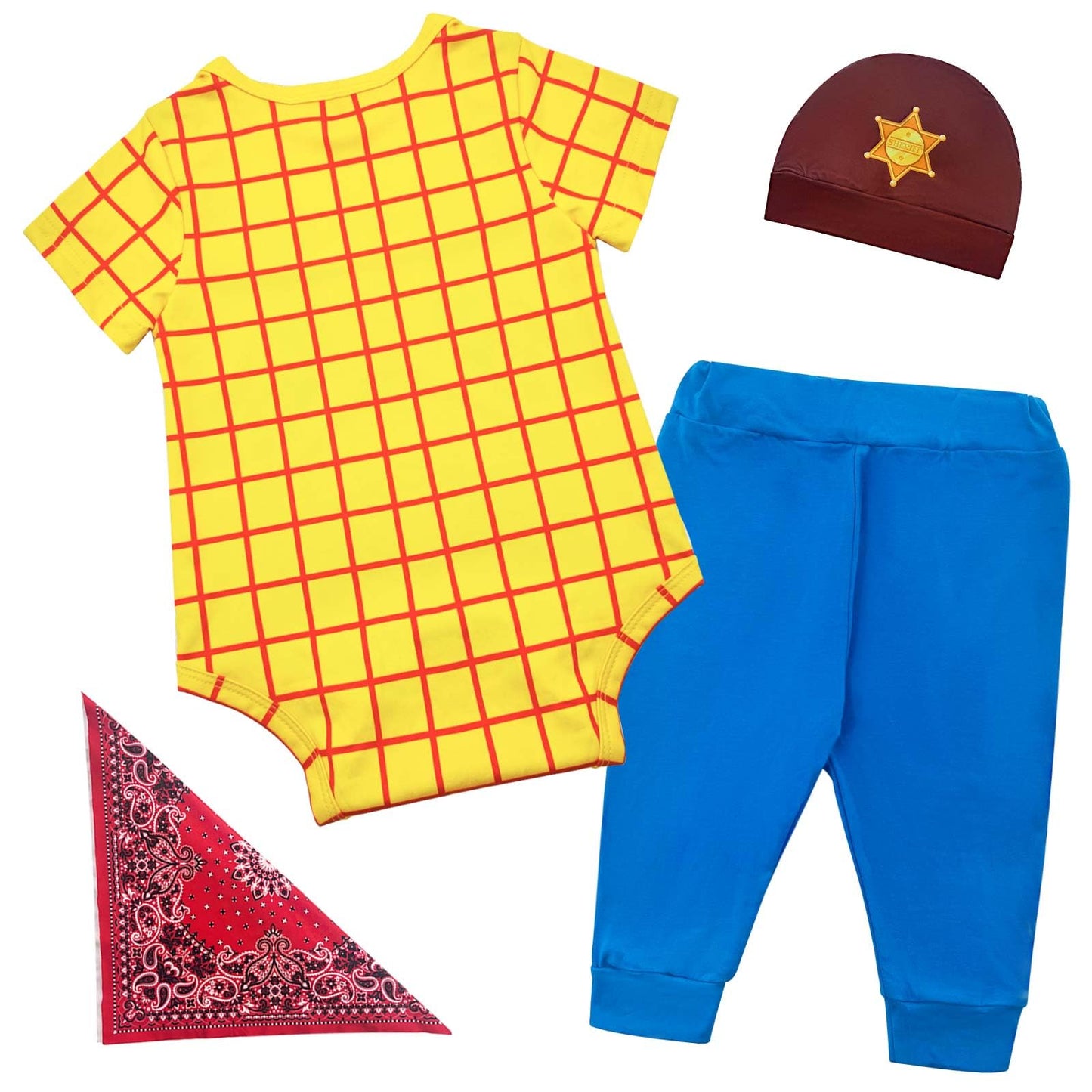 Pezhiqun Baby Boys Halloween Party Cowboy Cosplay Clothes Toy Story Woody Classic Costume Set Boy Western Cowboy Sheriff Woody Deluxe Outfit Newborn to Infant,Short Sleeve,12-18Months