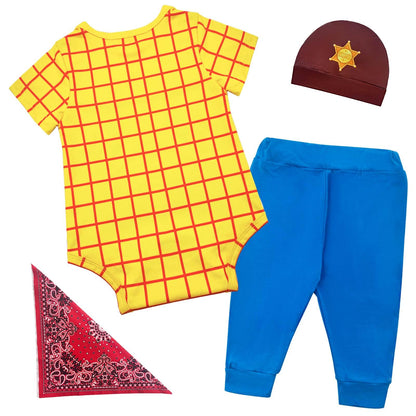 Pezhiqun Baby Boys Halloween Party Cowboy Cosplay Clothes Toy Story Woody Classic Costume Set Boy Western Cowboy Sheriff Woody Deluxe Outfit Newborn to Infant,Short Sleeve,12-18Months
