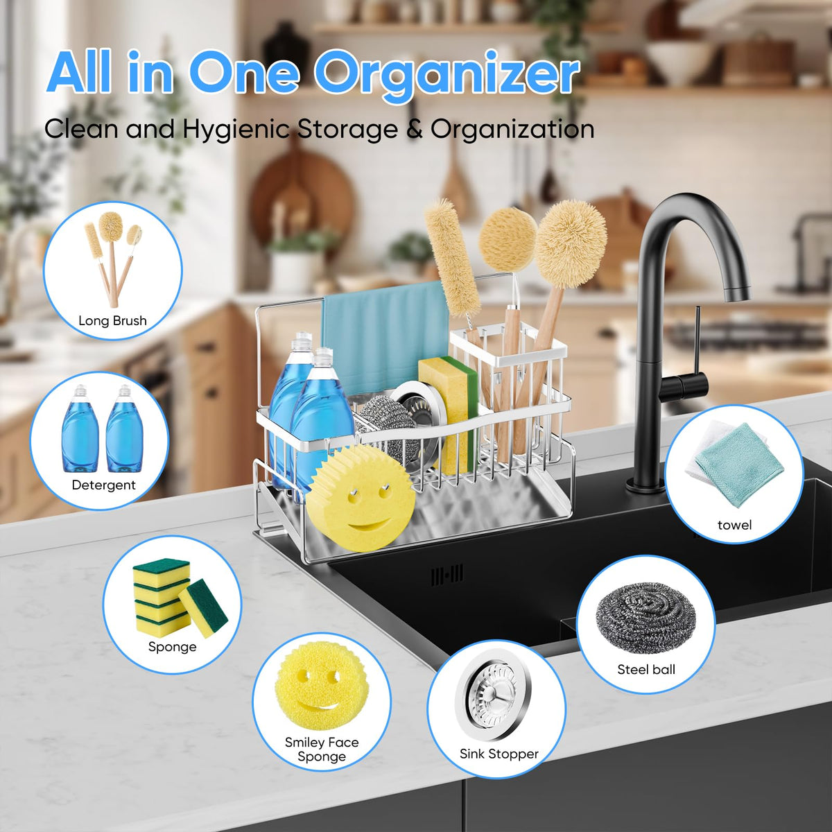 Adurei Sponge Holder for Kitchen Sink 304 Stainless Steel Self-Draining Sink Caddy with Smiley Face Sponge and Brush Holder Towel Bar and Divider Kitchen Gadgets Organizer for Countertop, Silver