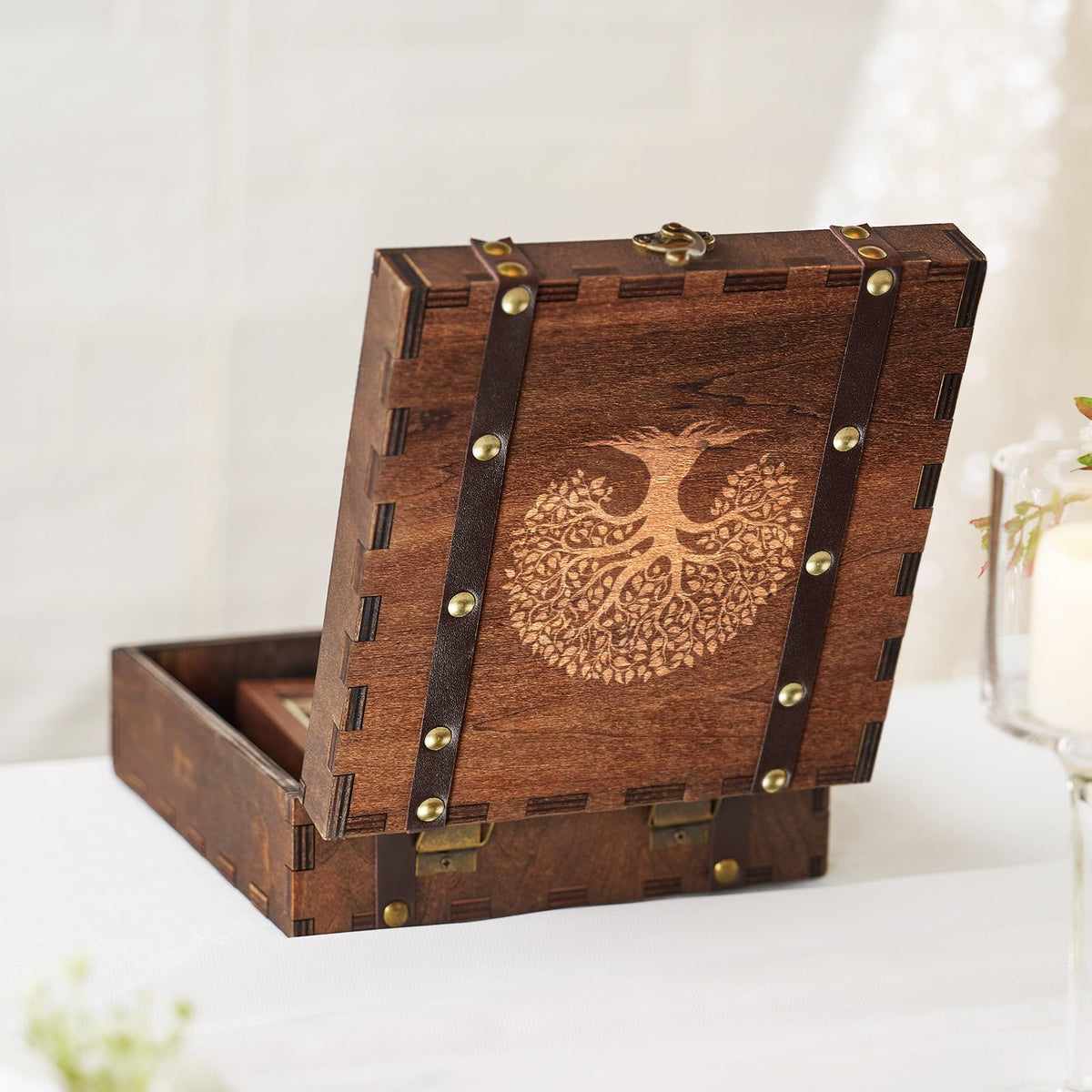 AW BRIDAL Wedding Keepsake Box with Tree of Life Engraved, Wood Decorative and Storage Boxes, Bridal Shower Gifts for Bride, Engagement Gifts for Couples Newly Engaged, Anniversary Marriage Presents
