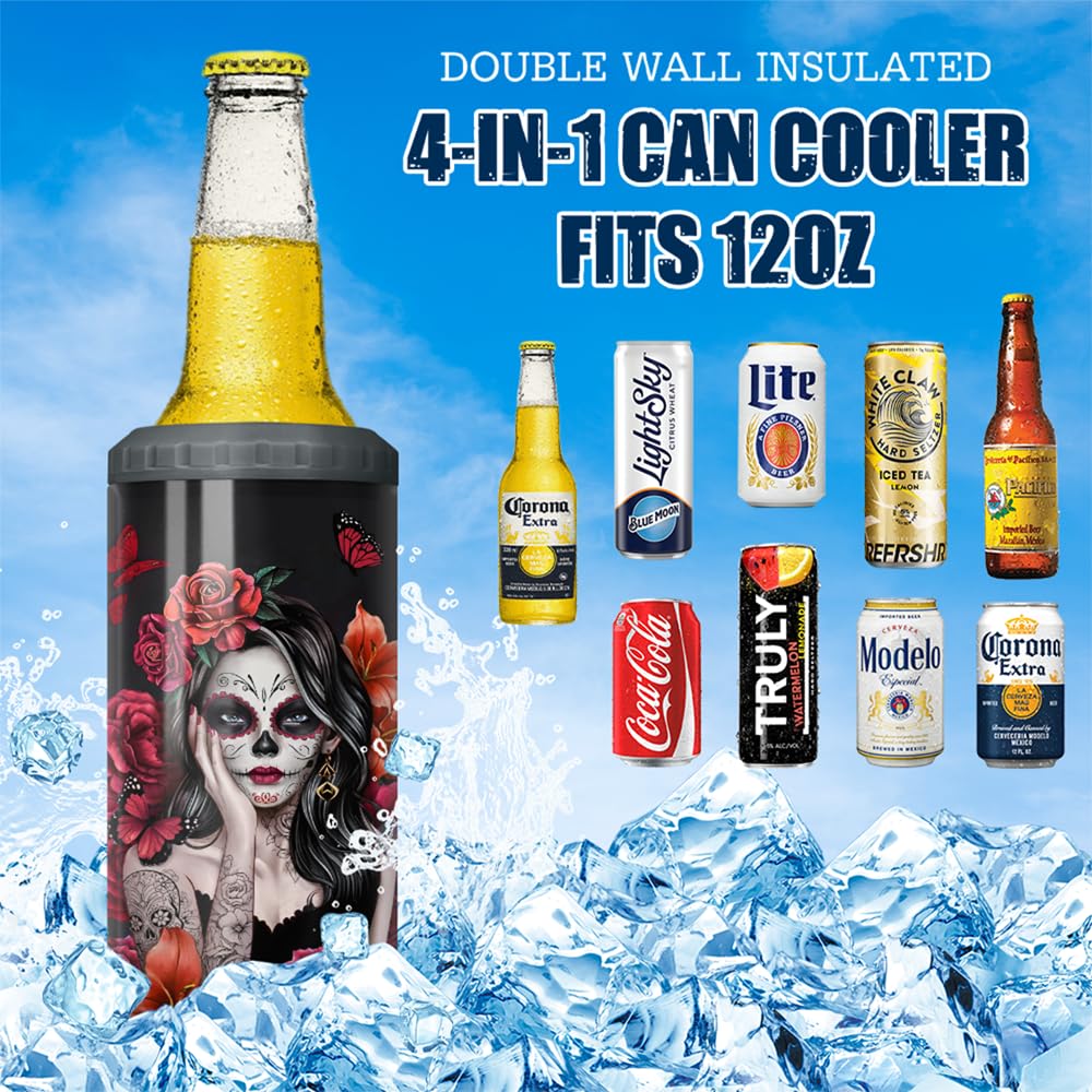 SANDJEST Sugar Skull Tumbler Sugar And Spice 4 in 1 12oz Tumbler Can Cooler Coozie Skinny Stainless Steel Tumbler Gift for Women Girl Friends Christmas Birthday Halloween