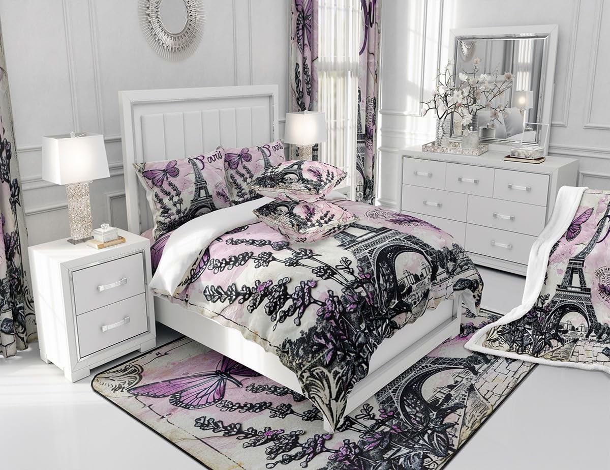 Purple Paris Eiffel Tower Comforter Set Queen Size,Butterfly Lavender Bedding Set for Kids Boys Girls Room Decor,Romantic French Style Duvet Insert 3Pcs,Floral Modern Luxury Quilt Set,2 Pillowcases
