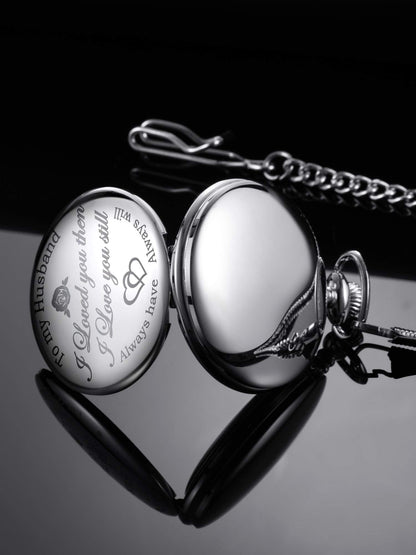 Pangda Quartz Pocket Watch to Husband Gift, Engraved Pocket Watch (Silver Case and Black Dial)