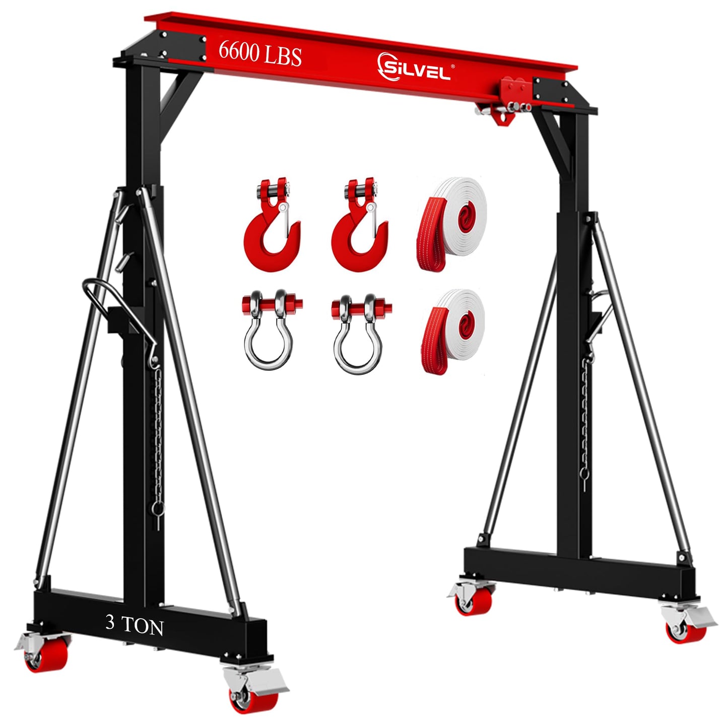 SILVEL 3 Ton 6600Lbs Gantry Crane, 8.53FT Maximum Capacity Width, Adjustable Height 8.53-12.47FT, Portable Shop Lift Hoist with 3 Ton Manual Trolley for Factories, Warehouses, Garage, Red