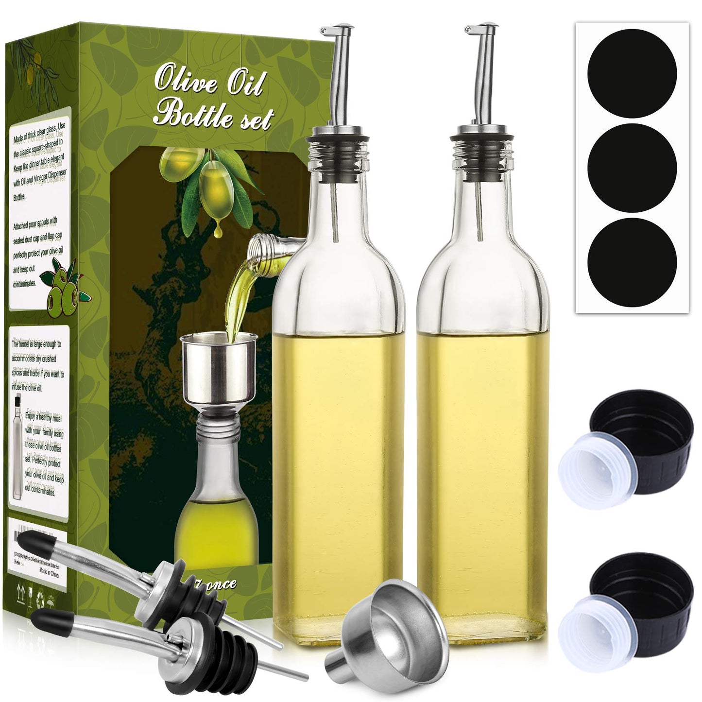 AOZITA [2 PACK] 17 oz Glass Olive Oil Dispenser Bottle Set - 500ml Clear Oil & Vinegar Cruet Bottle with Pourers, Funnel and Labels