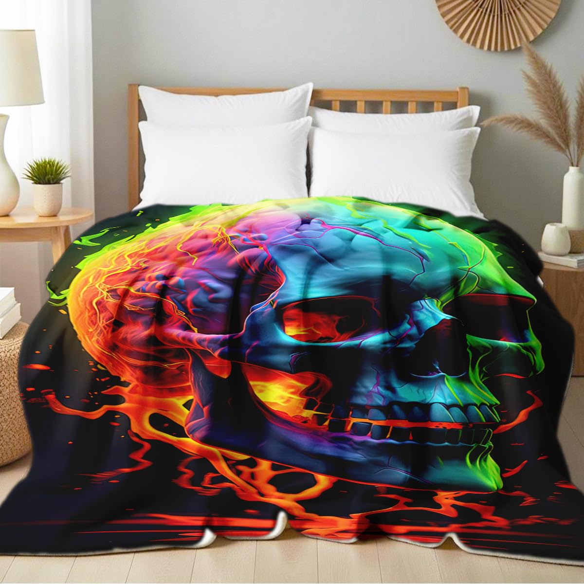 HUNXIAOJ Skull Blanket Throw Skeleton Flannel Blanket Gothic Print Throw Gifts for Kids Girls Boys Adults Women Men Halloween Decor Queen Size Bed Couch (49"x59")