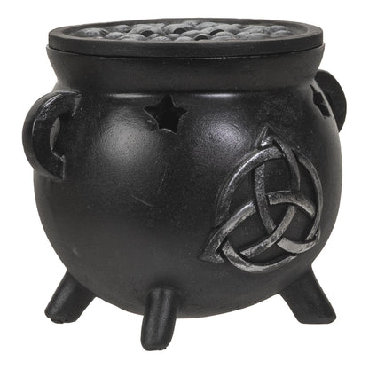 Pacific Giftware Black Celtic Triquetra Symbol Cast Iron Cauldron Incense Cone Burner Decorative Wiccan Pot with Lid Polyresin Home Decor 3.14" H