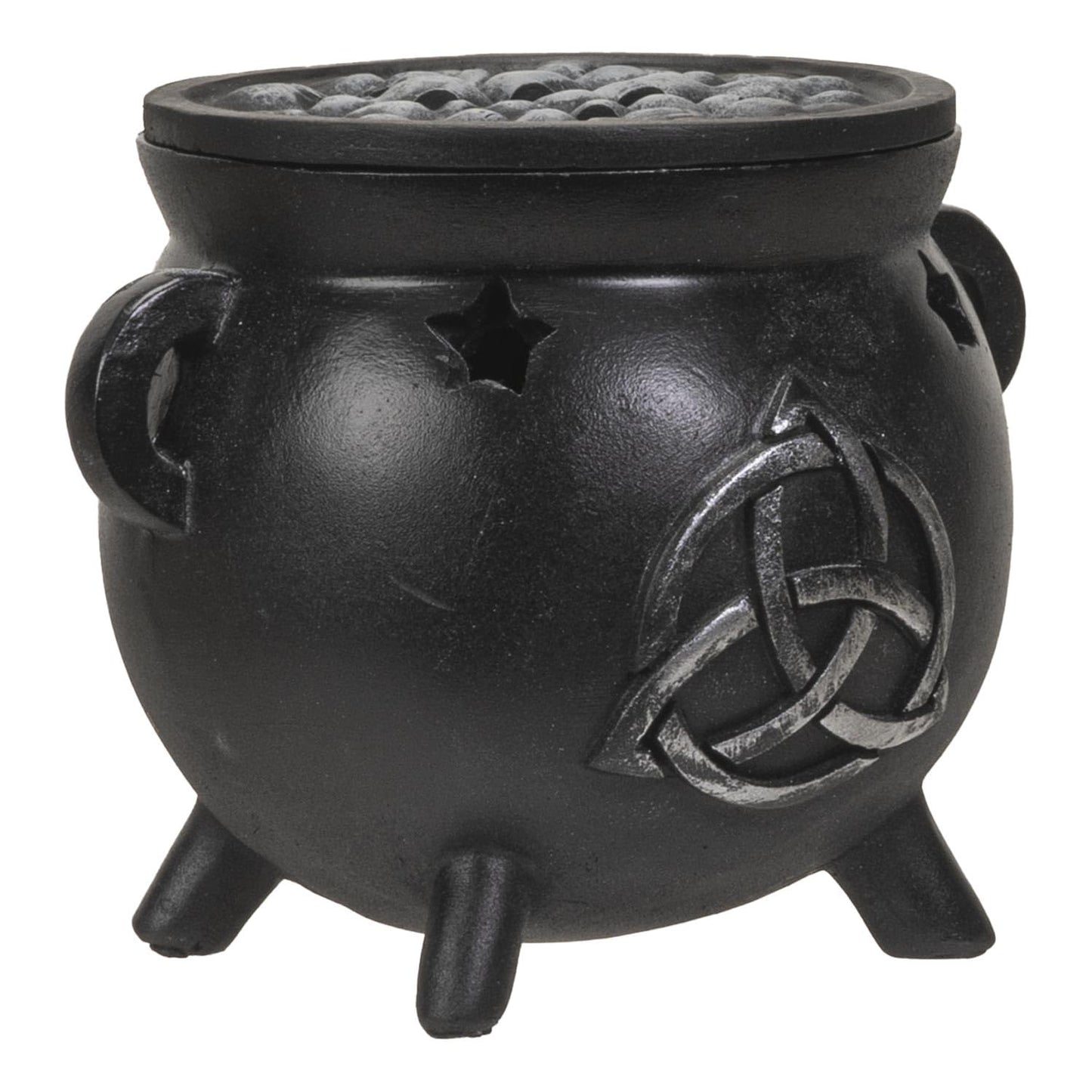Summit Collection Gifts Black Wicca Celtic Triple Knot Cast Iron Cauldron Incense Cone Burner with Lid Triquetra Symbol Design with Star Cutouts Polyresin Home Decor 3.14" H