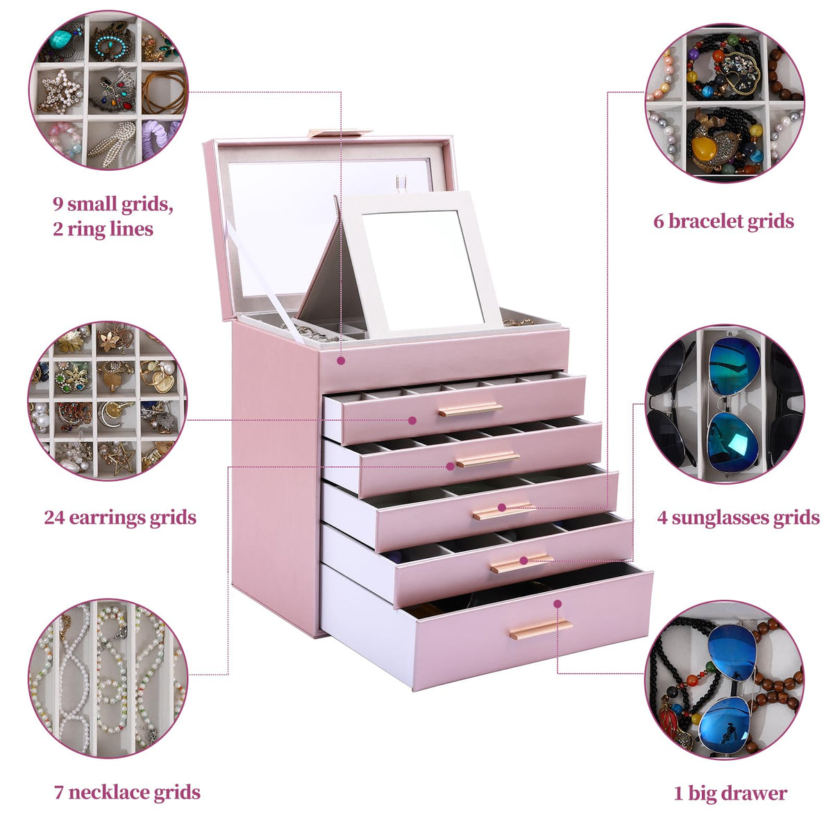 BOOVO Jewelry Boxes for Women, White and Black 6 Layer Large Jewelry Box for Necklace, Bracelet, Earrings, Rings Storage, Jewelry holder Organizer for Girls Gift (Rose gold, 6 layer)