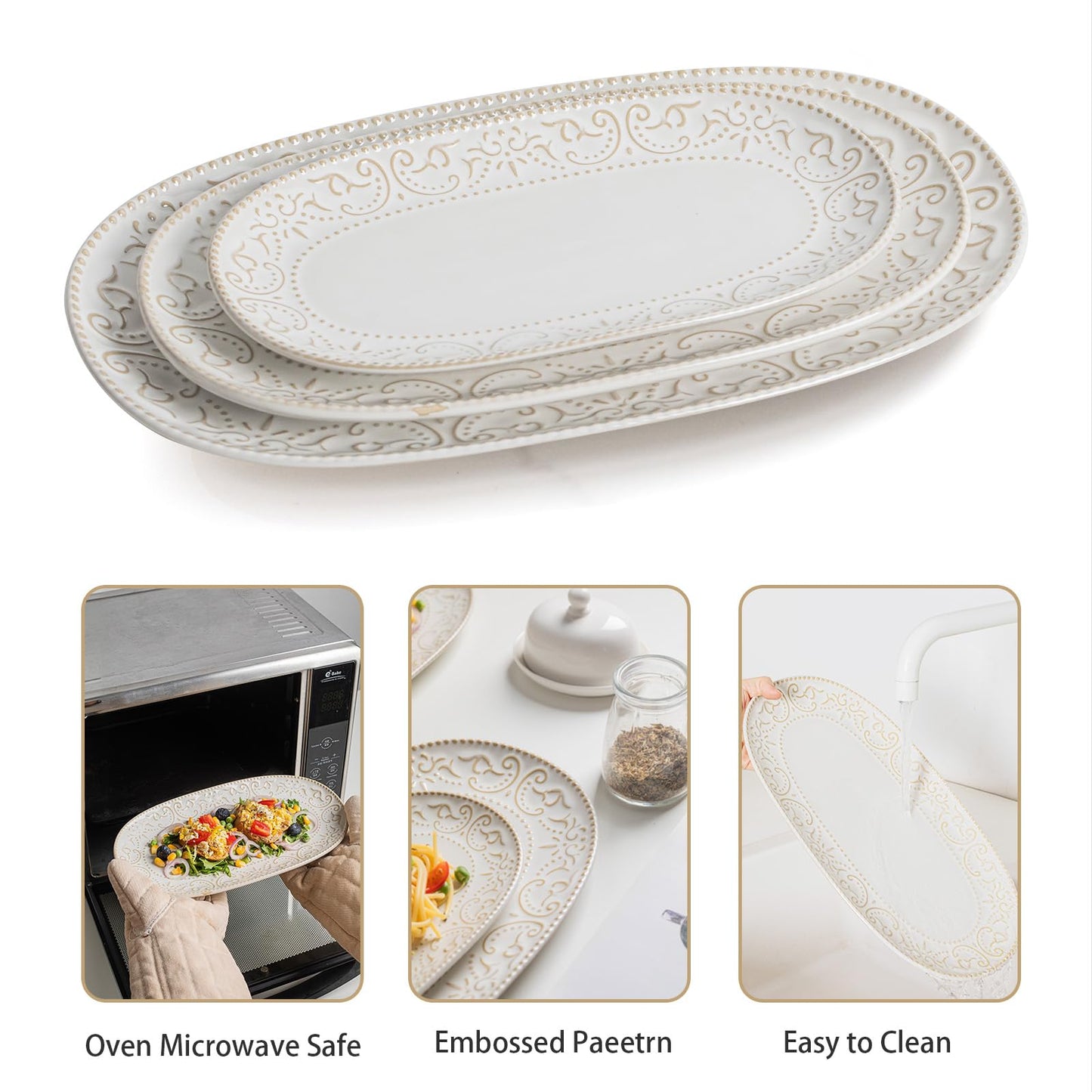 Feenmai Serving Platters Set, 14"/12"/10" Oval Ceramic Serving Plates, Embossed Serving Trays for Party, Oven Dishwasher Safe, Vintage White Serving Dishes for Entertaining, Appetizers, Pasta, Sushi
