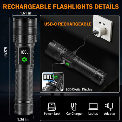 3Pack Rechargeable Flashlights High Lumens 9900FL, LED Flashlight Rechargeable with LCD Digital Display, 5Modes Adjustable Flash Light, Super Bright Flashlight Powerful, Tactical Flashlights for Home