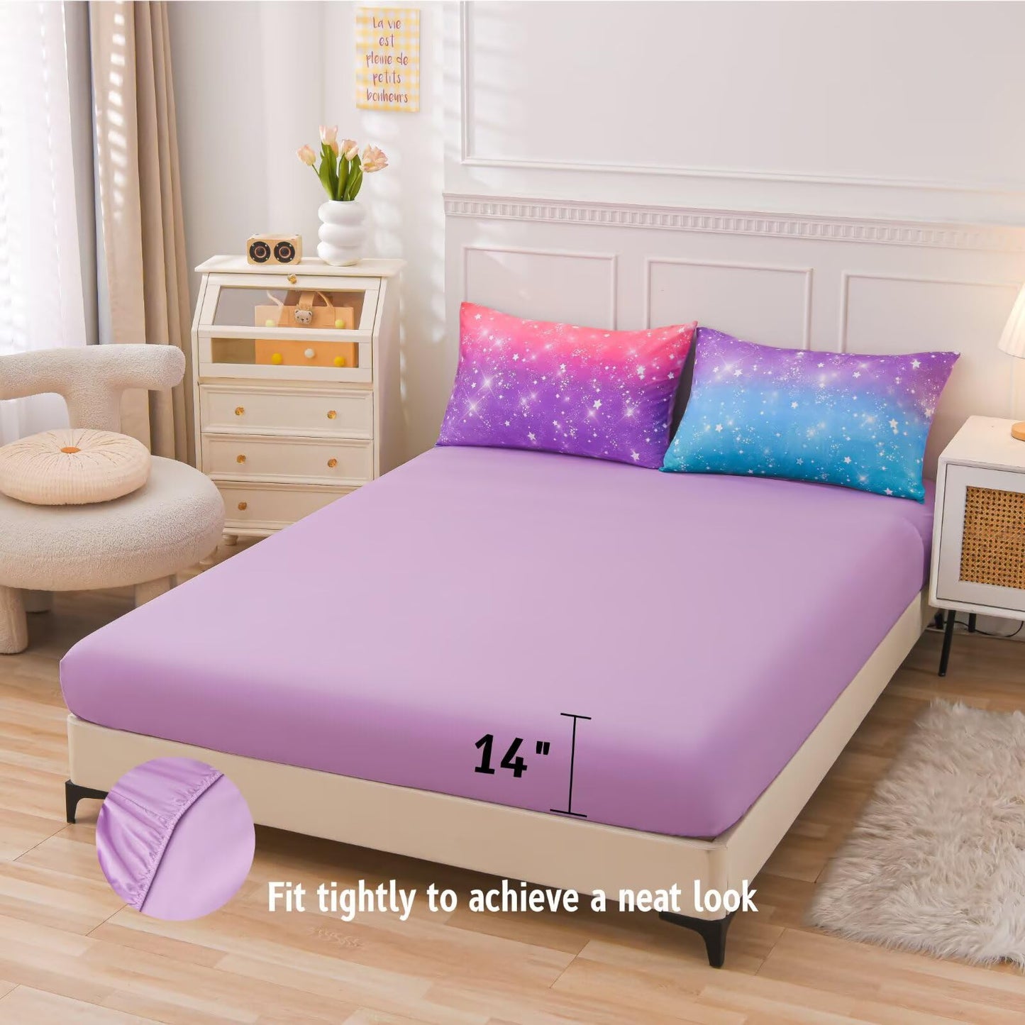 GRAT TIOC 6 Pieces Pink Purple Twin Comforter Set for Girls,Kids Glitter Galaxy Rainbow Bedding Sets Bed in A Bag (1 Comforter, 1 Flat Sheet,1 Fitted Sheet,2 Pillowcases and 1 Cushion Cover)