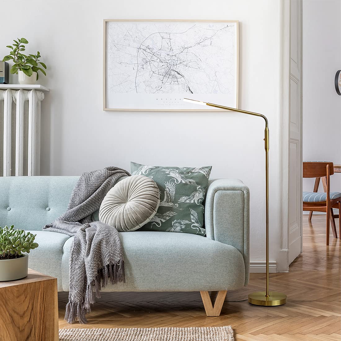 O’Bright Moon - Dimmable LED Floor Lamp, Adjustable Color Temperature for Bedside Reading, Work Light, Art/Crafting Light, Sewing, 360° Flexible Gooseneck, Rotatable Lighting, Antique Brass