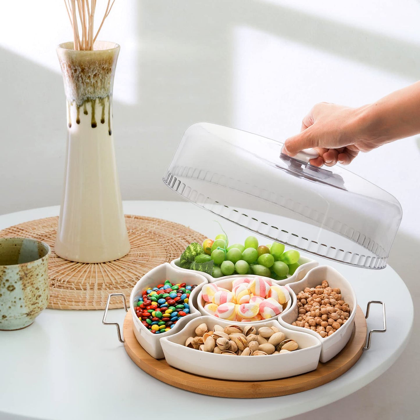 yarlung Ceramic Divided Serving Dishes Platter with Clear Lid, 11 Inch Bamboo Appetizer Tray with Handles 5 Removable Snacks Bowls Relish Tray for Candy and Nut, Chips and Dips, Veggies