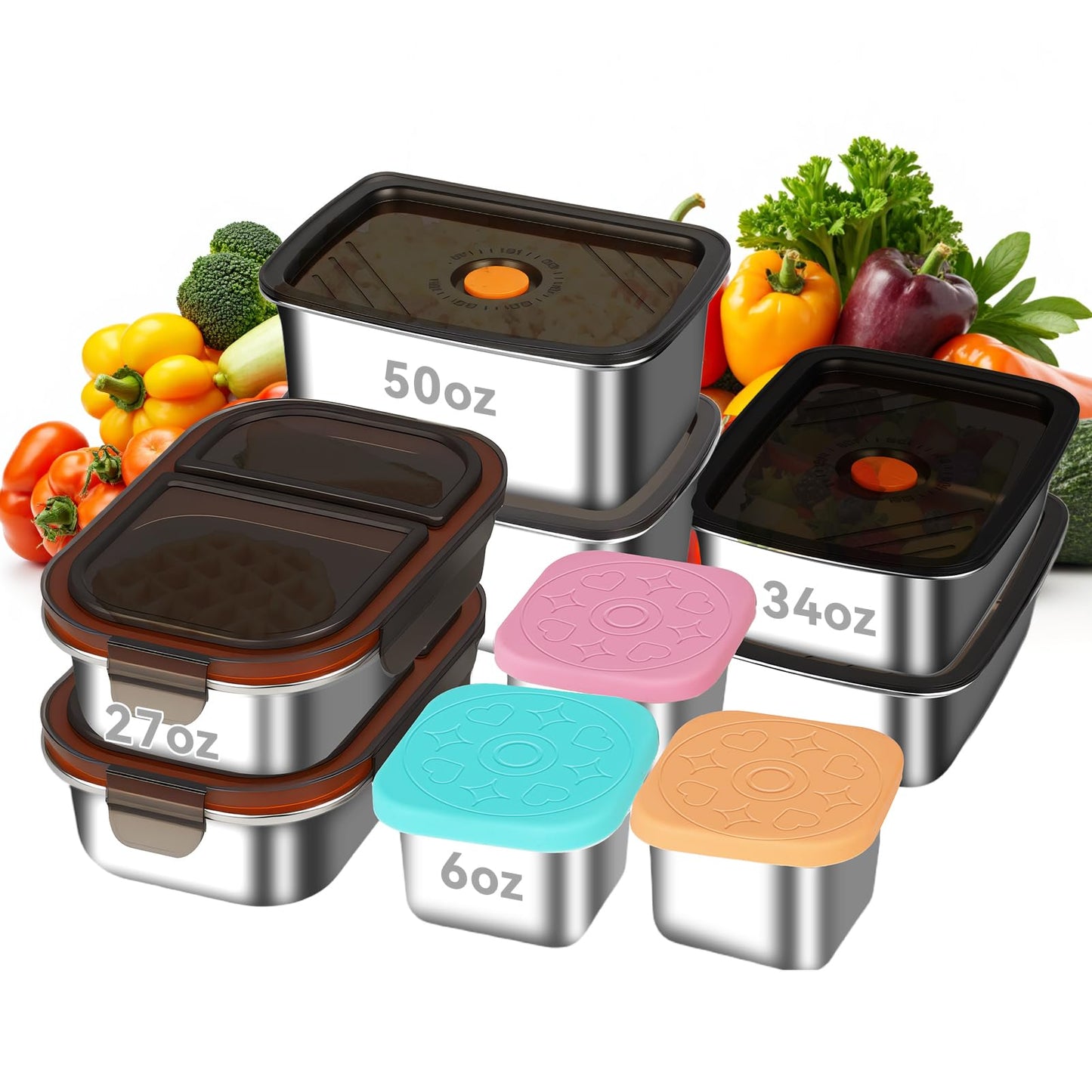 YUANYE 9 Pack 50/34/27/6oz Stainless Steel Food Storage Containers Sets, Leak-Proof Airtight Lunch Box with Lids, Small Snack Containers Oven/Dishwsher/Freezer Safe for Meal Prep, School, Work, Picnic