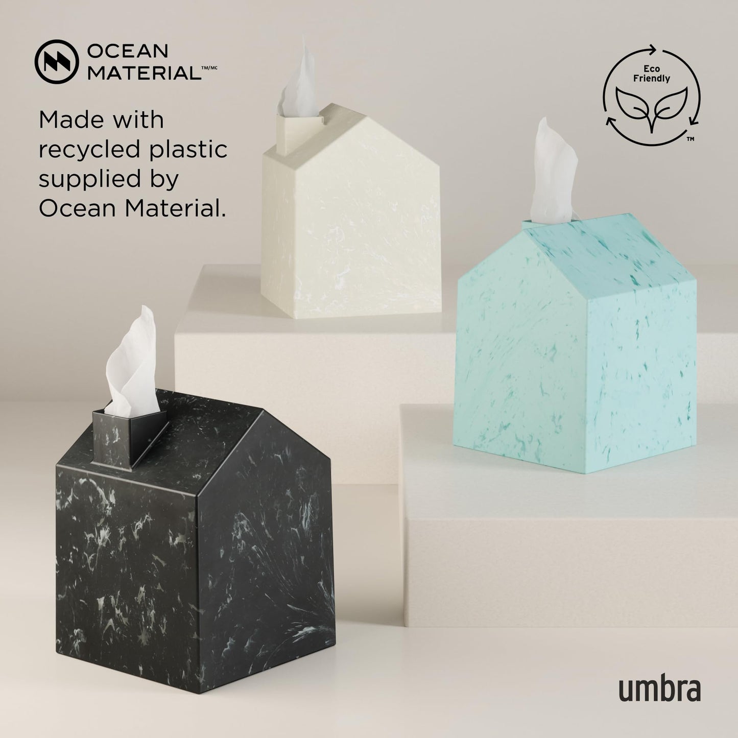 Umbra Casa Tissue Box Cover – Modern House-Shaped Tissue Box Holder for Standard Square Boutique Tissue Boxes, Ocean Plastic, Bathroom & Home Décor, Ocean Sand