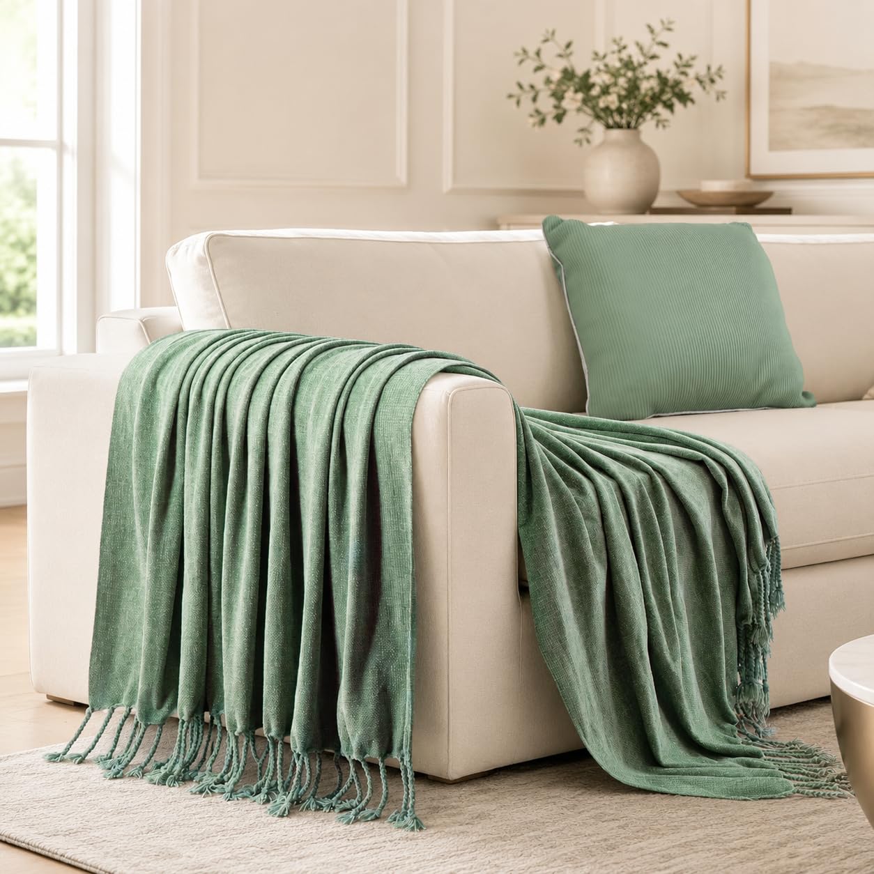 BATTILO HOME Sage Green Chenille Throw Blanket for Couch, Soft Cozy Textured Knit Throw Blanket with Handmade Fringe Tassels, Lightweight Decorative Farmhouse Blanket for Sofa Bed Chair, 50"x60"