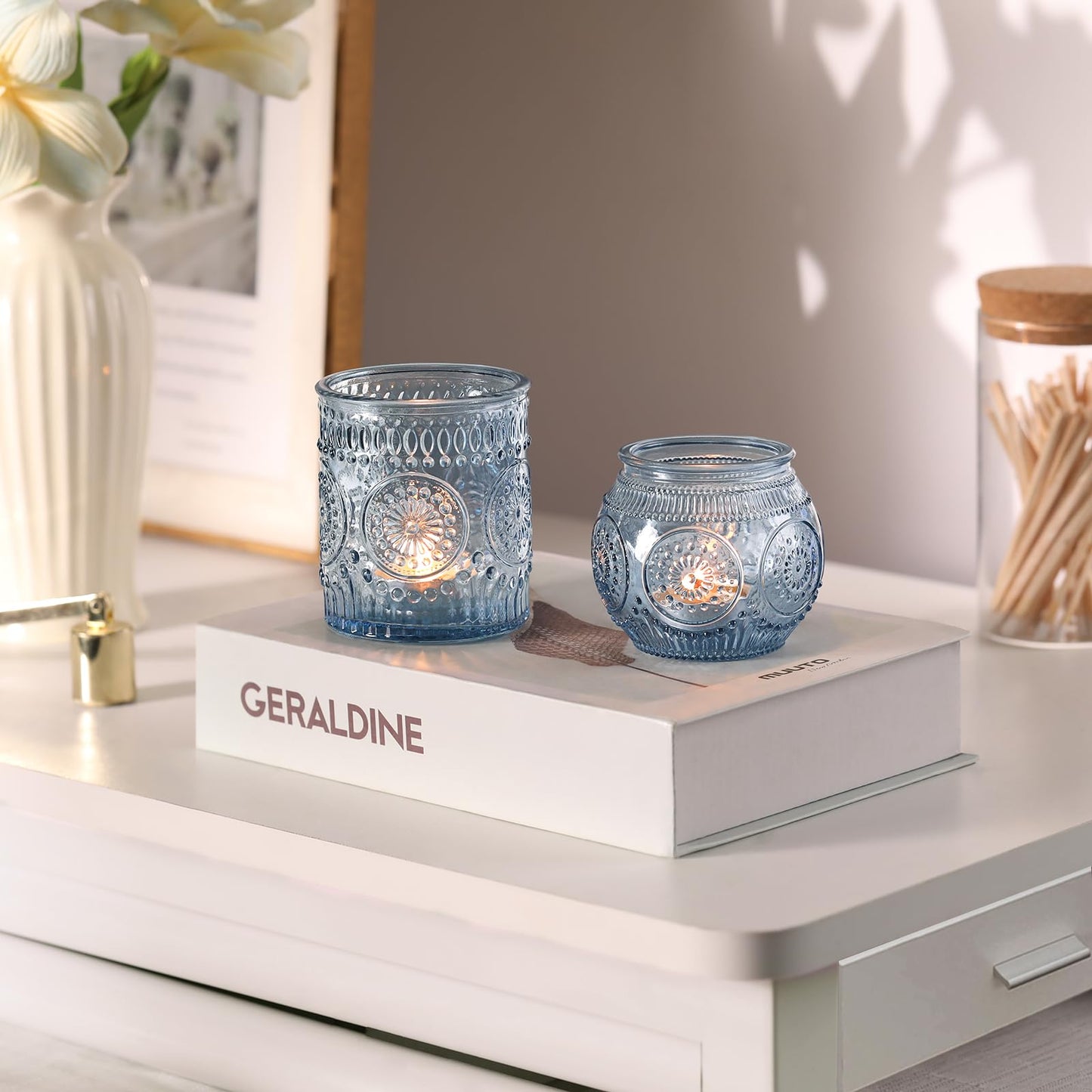 DARJEN Blue Votive Candle Holders- 10Pcs Glass Tealight Candle Holder, Size Upgrade Design for Home Decor, Elegant Candle Holder for Party & Dinner Table Centerpieces, Living Room Decor Gifts