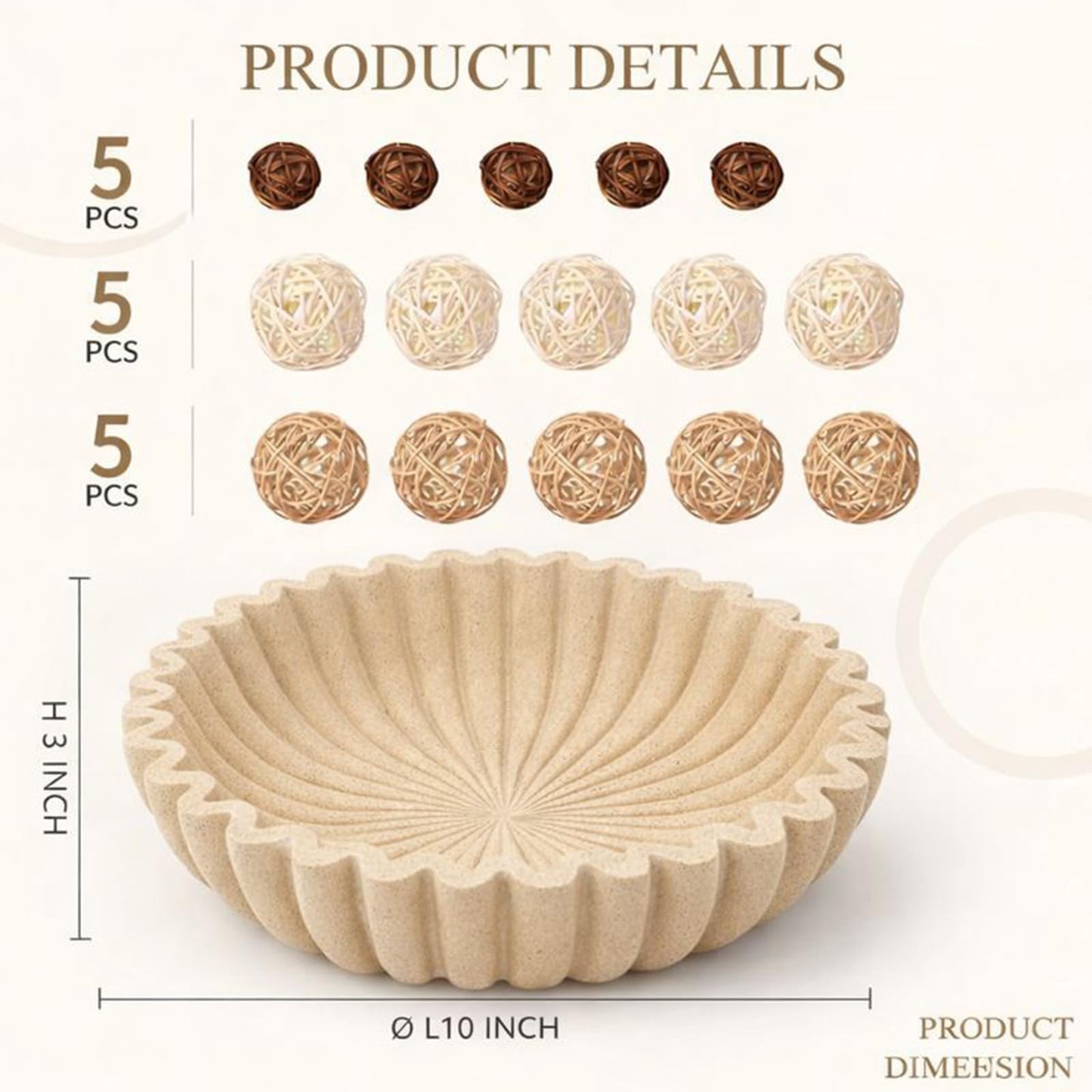 ZJSYTQS Large Modern Ruffle Bowls, Artificial Stone Decorative Catch All Bowl for Kitchen Counter and Entryway Table, Handcrafted Fruit Bowls and Key Bowl for Home Decor(Beige)
