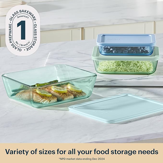 Pyrex Colors Tinted Glass Rectangle Food Storage Container Set, Snug Fit