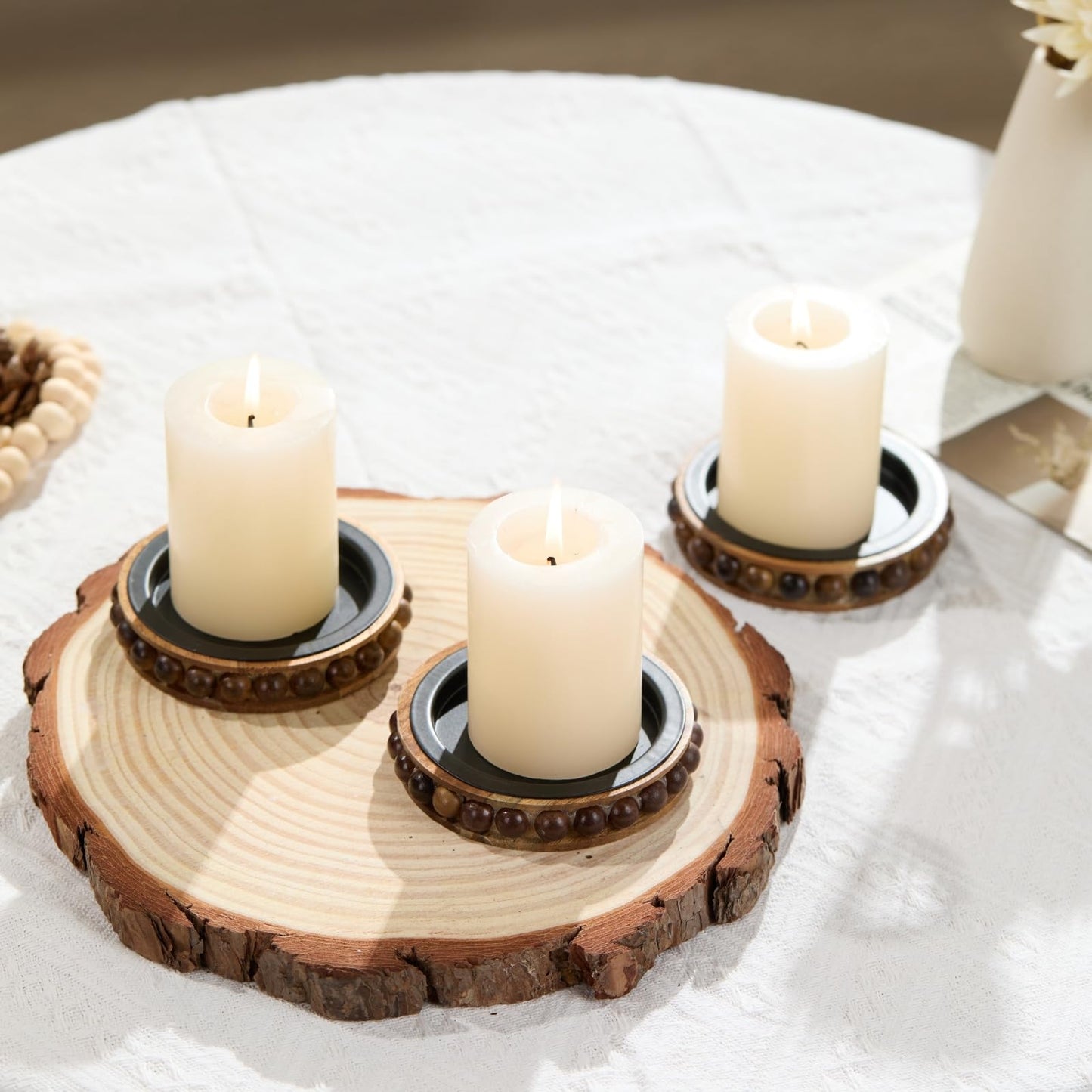 THORNIA Wooden Candle Holders for Pillar Candles, Set of 3 Acacia Wood Beaded Plate with Metal Cup Inserts, 4 Inch Rustic Farmhouse Tray Stand for Fireplace Mantel, Table Centerpiece Decor