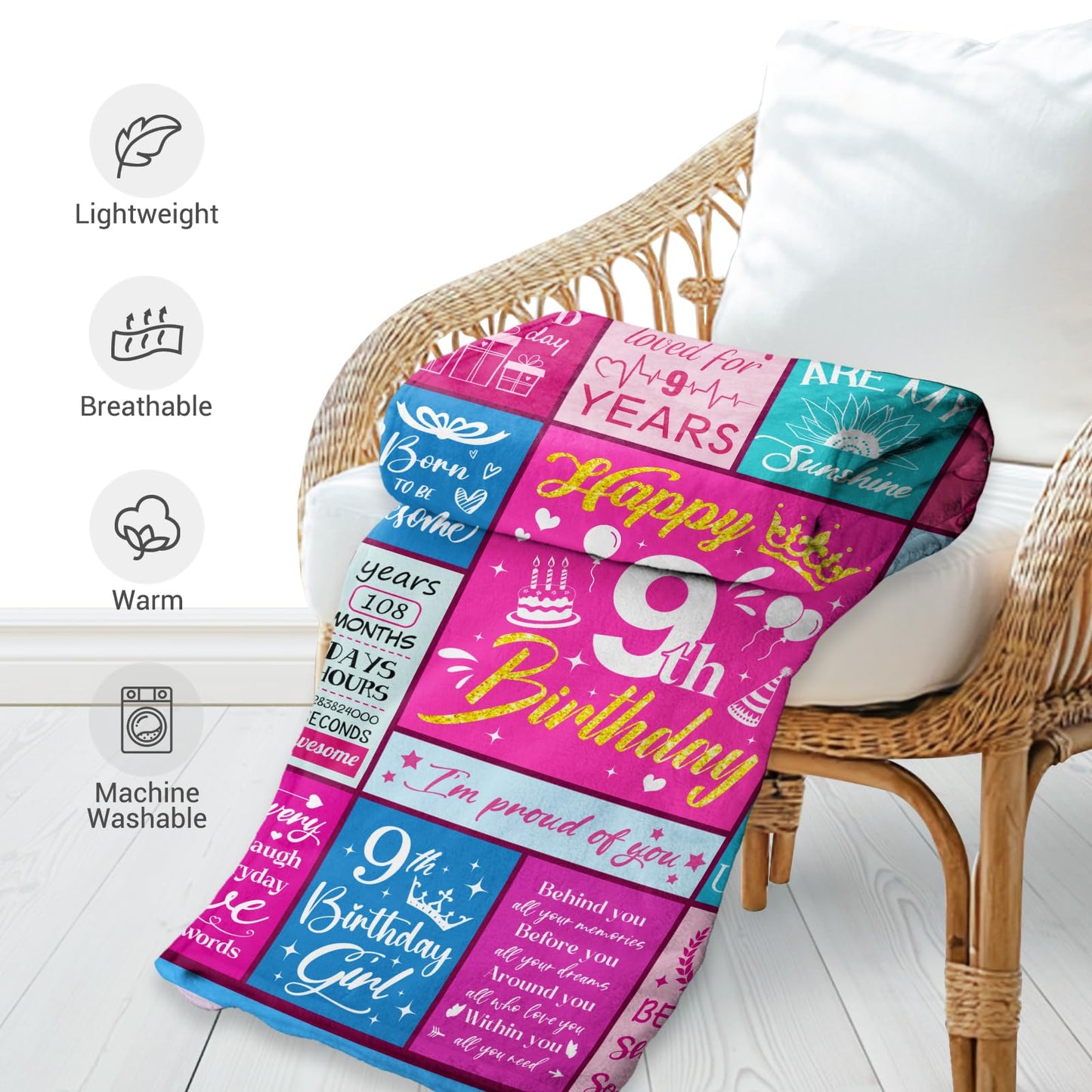 Jekeno Sweet 9 Gifts for Girls, 9th Birthday Gifts for Girls Blanket, 9 Year Old Girl Birthday Gift Ideas, 9th Birthdays Decorations, Happy 9th Christmas Birthdays Presents, Soft Cozy Throw 50"x60"