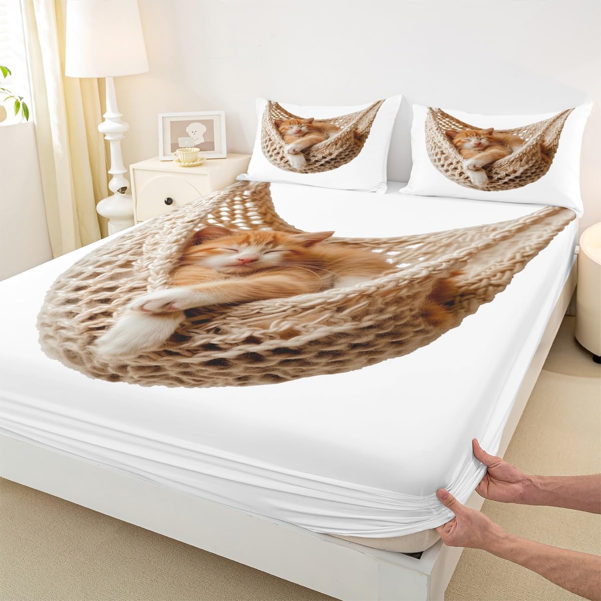 jejeloiu Cats Print Fitted Sheet with 1 Pillowcase Twin Size Animal Bed Sheets Set 16" Deep Pocket Boys Girls White Brown Bedding Cute Kitten Teens Bedroom Decor Breathable Lightweight Microfiber