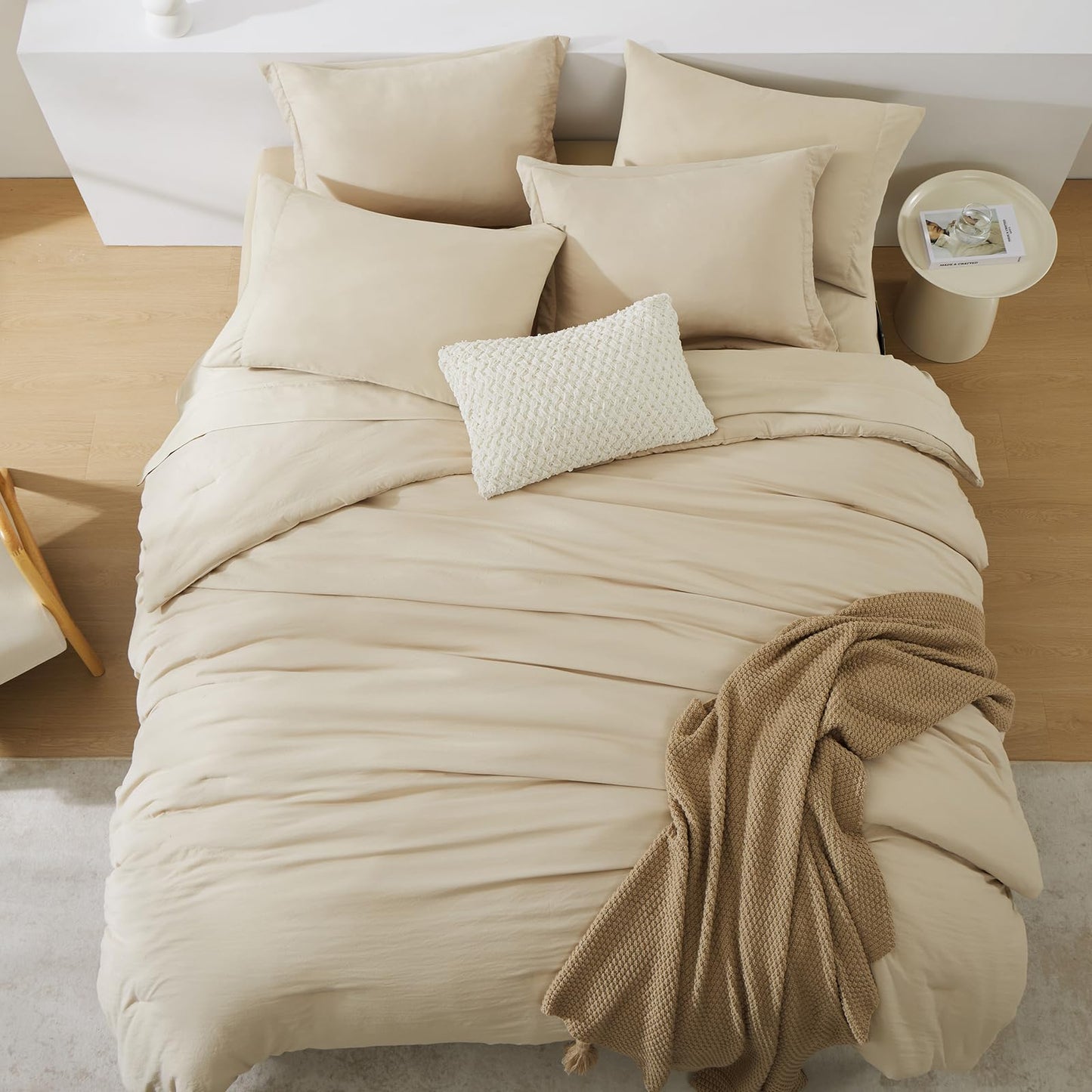 WRENSONGE Queen Comforter Set- 7 Pieces Beige Bed in a Bag Queen with Fitted Sheet, Flat Sheet, 2 Pillow Shams, and 2 Pillowcases- Warm Bed Set for All Season