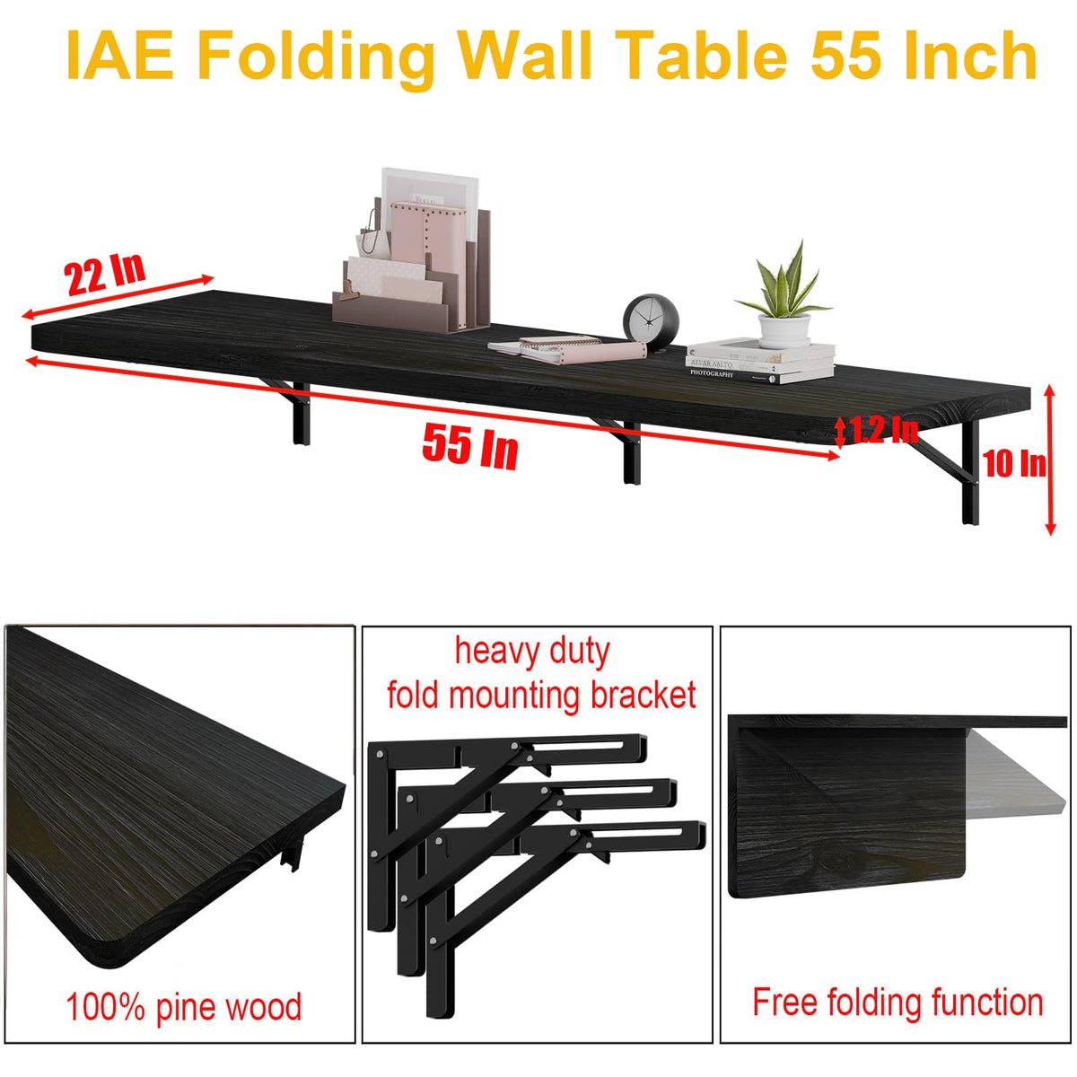 IAE Floating Wall Mounted Folding Table Desk with Pine Wood,55" x 22" Folding Workbench,Fold Down wall Mounted Foldable Table with Shelf Brackets,Laundry Folding Table for Apartment,Home,Kitchen,Black