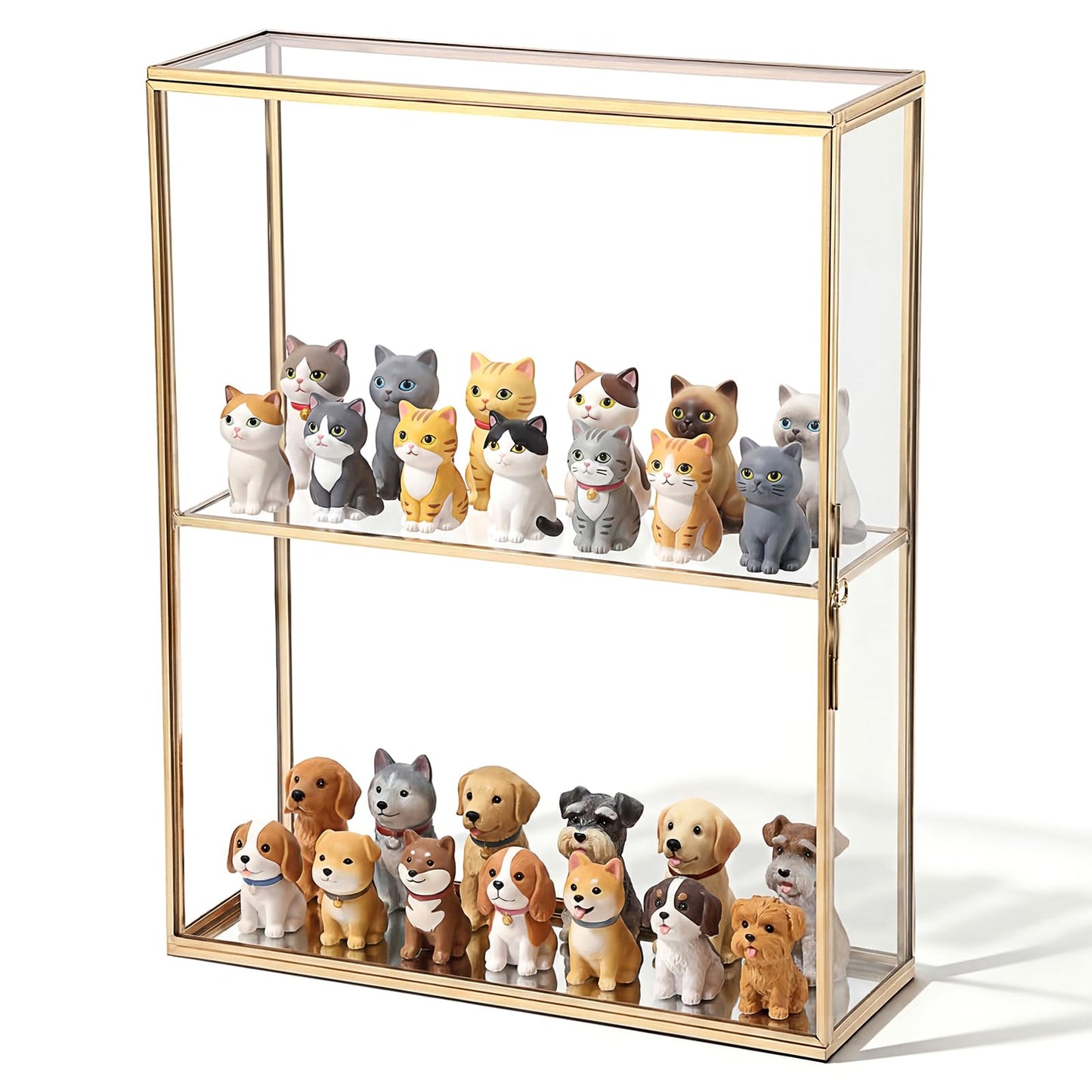 JUXYES 2 Tiers Tabletop Glass Small Figurine Display Case for Collectibles with Latch Door, Modern Clear Hobby Display Case Box with Mirror Bottom, Gold Dust Proof Case for Figurines Trinket Crystal