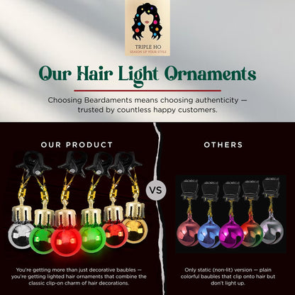 Beardaments Light Up Hair Lights - The Original Ornaments from, 16pc Colorful Christmas Hair Baubles for Holiday Cosplay Women Party Costume
