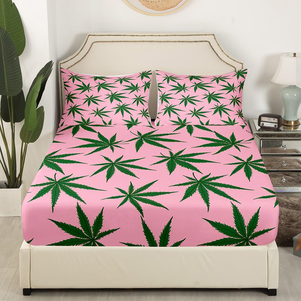 Feelyou Marijuana Leaf Bed Sheets Pink Cannabis Leaves Bed Sheet Set for Girls Women Adults Marijuana Weed Green Leaf Bedding Set Botanical Hemp Fitted Sheet Bedroom Collection 3Pcs Full Size