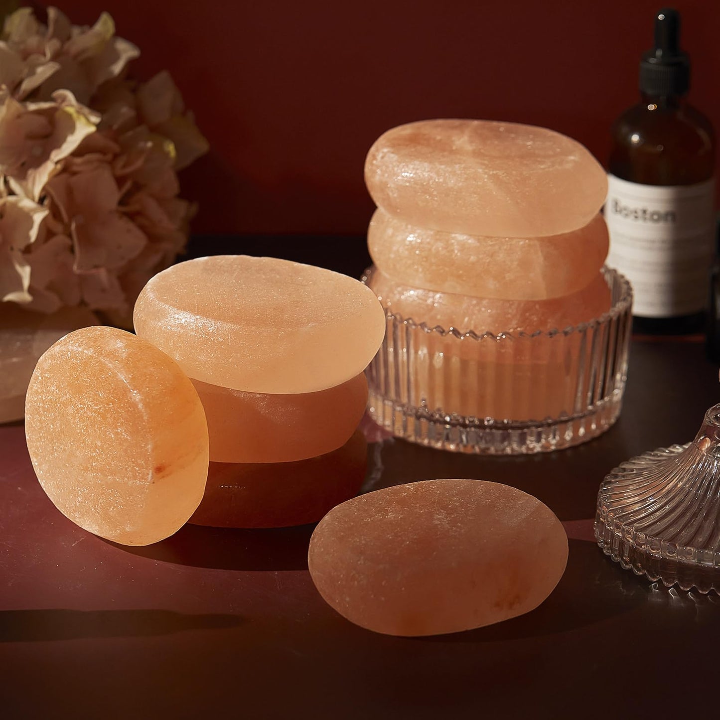 Swiffen 14 Pcs Flat Oval Massage Stone 3.5 x 1 x 2.6 Crystal Hand Carved Stone for Massages Therapy Himalayan Salt Massages Rocks Natural Pink Heated Warmer Stones for Spa Massage Salt and Sugar