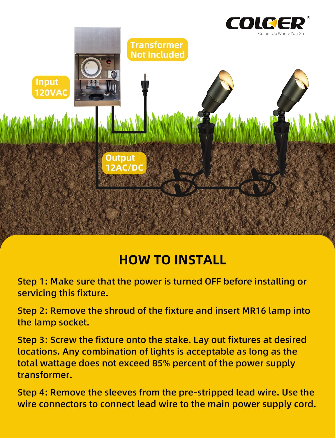 COLOER Die-cast Brass Low Voltage Spotlight 1-Pack with 5W Aluminum Housing MR16 LED Bulb 2700K 450LM CRI85+,12V AC/DC Outdoor Landscape Lighting, Directional Garden Patio Spot Up Light(101B)
