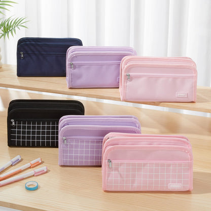 Sooez Large Pencil Case, Big Capacity Pencil Pouch Pen Bag with 3 Compartment, Portable Canvas Stationery Organizer with Zipper, Cute Aesthetic School Supplies for Teen Girls College, Pure Purple