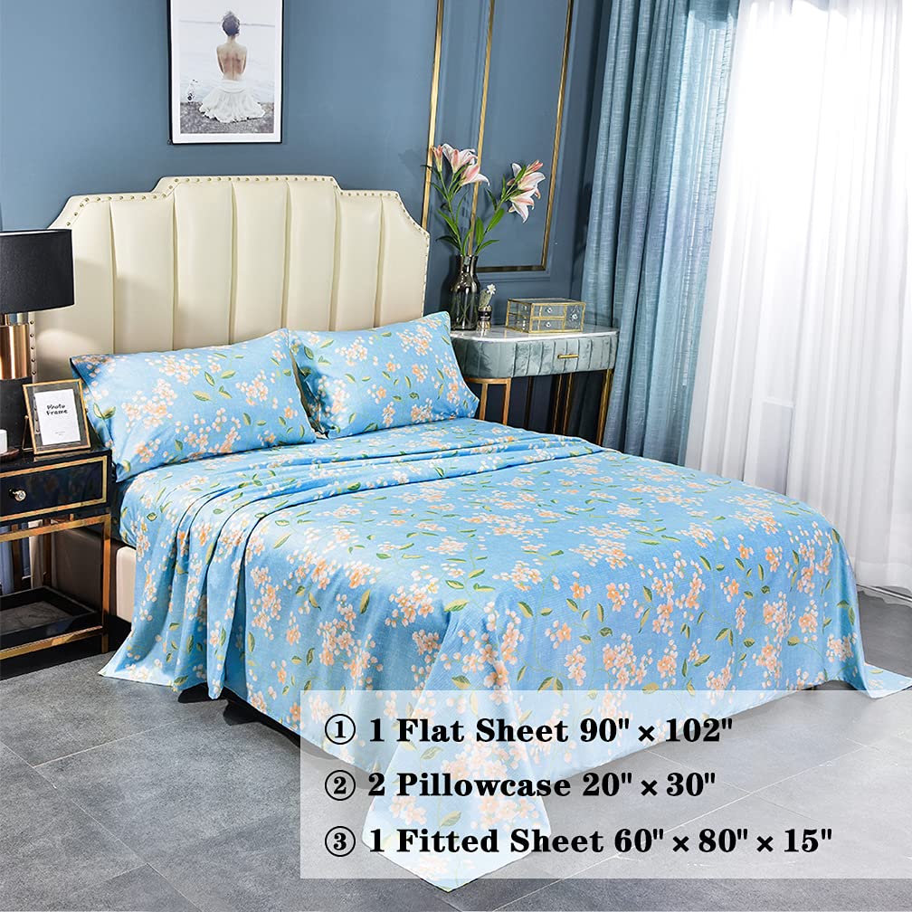 JSD Blue Floral Printed Sheet Set Queen Size, 4 Piece Soft Spring Pattern Microfiber Sheets Extra Deep Pocket