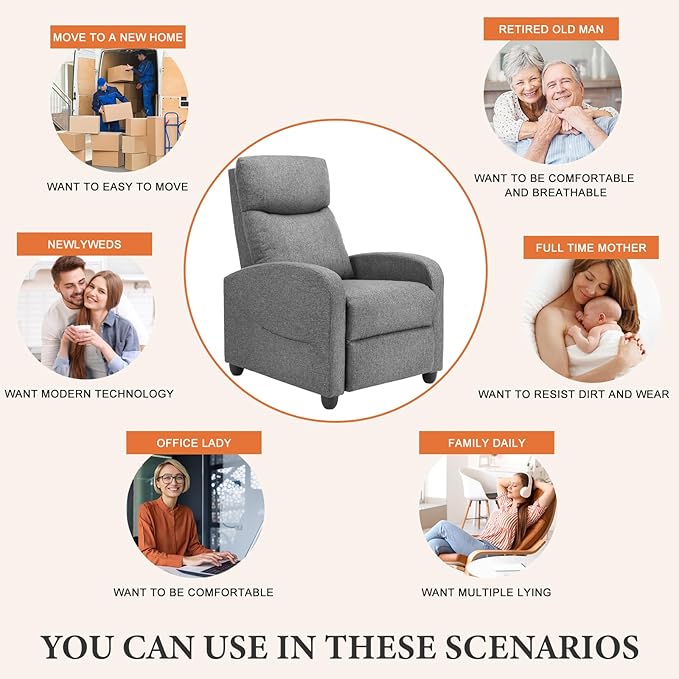 Sweetcrispy Massage Recliner Chair for Adults, Adjustable Home Theater Seating with Lumbar Support for Living Room, Modern Fabric Reclining, Cool Gray