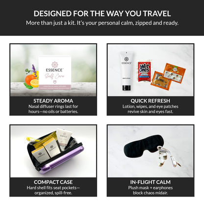 Essence Travel Amenity Kit | Travel Essentials & Travel Size Toiletries Kit | 5-Pack Nasal Diffuser Rings, Sleep Mask, Lotion & Hygiene Kit | Travel Toiletry Kit for Women | Black Case